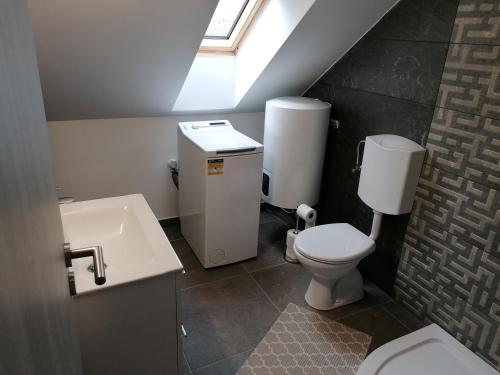 La salle de bains est pourvue de toilettes, d'un lavabo et d'une fenêtre. dans l'établissement Mohács Apartman, à Mohács