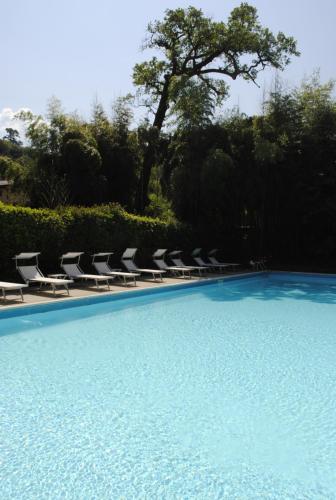 een zwembad met ligstoelen en een boom bij Vista Lago Apartment in Bellagio