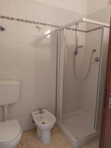 a bathroom with a shower and a toilet and a sink at Appartamento con piscina e tennis in Montespertoli