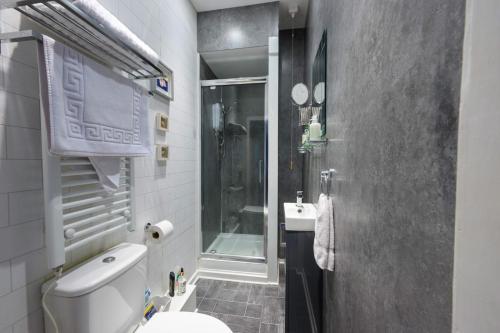 a bathroom with a toilet and a sink and a shower at Abbey GH All Rooms En-Suite in Redcar