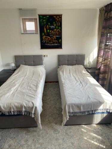 a bedroom with two beds with white covers on them at Friebert in Biberach an der Riß