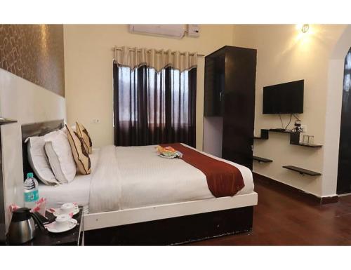 een hotelkamer met een bed en een televisie bij Hotel Sparsh Ganga, Rishikesh in Rishīkesh