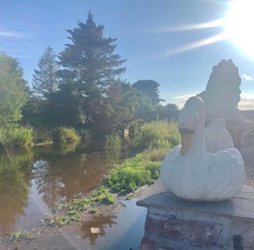 a statue of a duck sitting on the side of a river at Lunan House in Arbroath