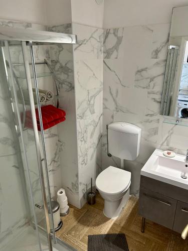 une salle de bain avec toilettes, douche et lavabo dans l'établissement Studio Leopolda, à Villefranche-sur-Mer