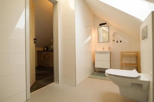 biała łazienka z toaletą i umywalką w obiekcie Piaskowy 2 w mieście Jantar