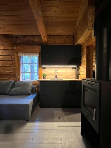a kitchen with a couch and a kitchen with a sink at Black Work Levi Autti in Kittilä