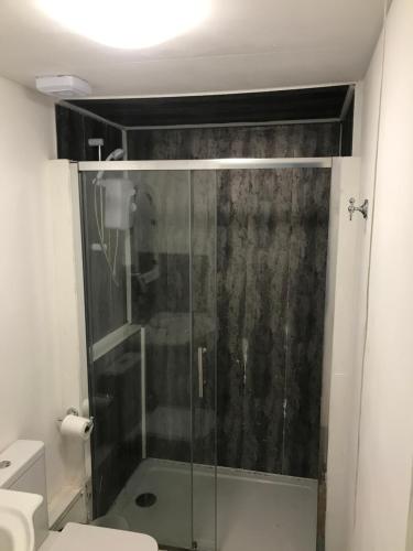 a bathroom with a glass shower with a toilet at Budget room en-suite 8mins walk to Singleton Hospital, R3 in Sketty