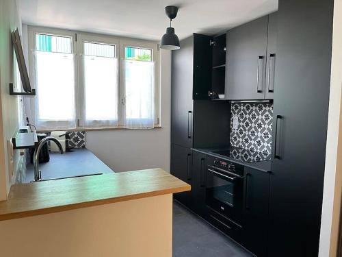 uma cozinha com armários pretos e um fogão preto em Loft avec jardin chez l'habitant em Bagnolet