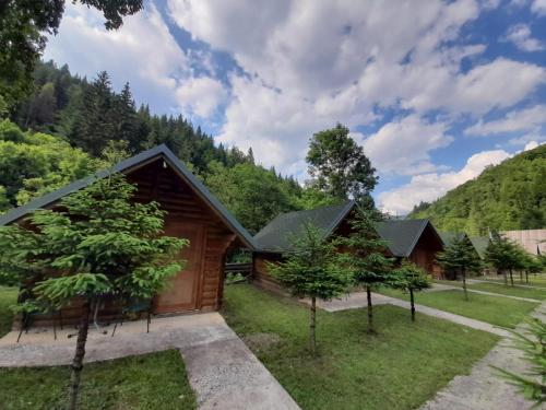 a cabin with trees in front of a mountain at Villa Mulliri in Peje