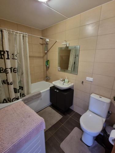 uma casa de banho com um WC, um lavatório e uma banheira em Cozy Sigulda Apartment em Sigulda