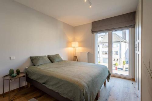 a bedroom with a bed and a large window at Renovated 2 Bedroom Apartment with Parking & AC in Luxembourg