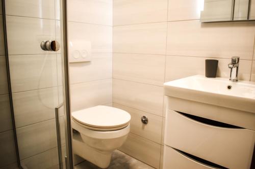 La salle de bains est pourvue de toilettes et d'un lavabo. dans l'établissement Apartman Nada, à Novi Vinodolski