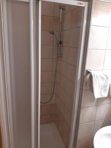 a bathroom with a shower with a toilet and a sink at SpaRelax Apartman Zalakaros in Zalakaros