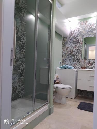 a bathroom with a shower with a toilet and a sink at Nuovi bilocali Panta Rei - Suite dell'Acqua in Senigallia