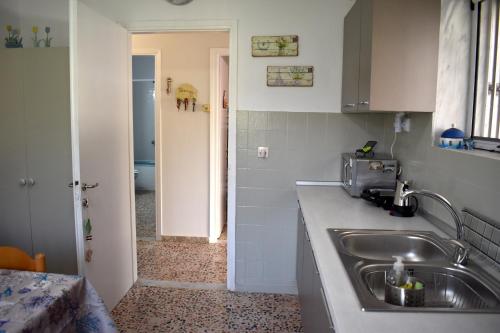 een keuken met een wastafel en een deur naar een badkamer bij Tim's House in Nea Kalikratia