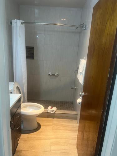 een badkamer met een douche, een toilet en een wastafel bij Flamingo Inn in Sarasota