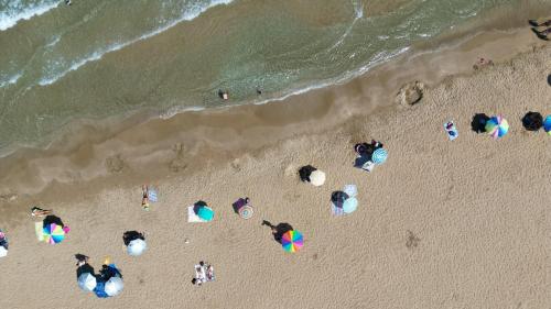 an overhead view of a beach with people with umbrellas at Entire vacation house near beach in Gournes