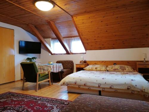 um quarto com uma cama e uma mesa com uma televisão em U Hübnerů em Albrechtice v Jizerskych horách