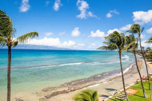 a view of a beach with palm trees and the ocean at Paki Maui 211 in Kahana