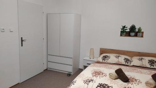 1 dormitorio blanco con 1 cama y armario blanco en BYT POD ZÁMKEM, en Valtice