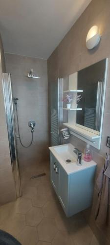 y baño con lavabo y ducha con espejo. en Place for everyone, en Mitzpe Yeriho