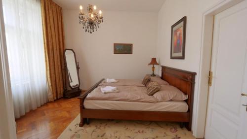 1 dormitorio con cama y lámpara de araña en Veľký 3i apartmán v centre mesta en Bratislava