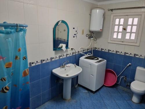 La salle de bains bleue et blanche est pourvue d'un lavabo et de toilettes. dans l'établissement Villa 24 Apollo, à Dawwār Ibrāhīm Abū Shunaywīr