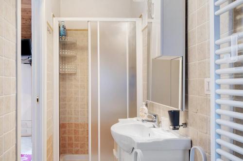 a white bathroom with a sink and a shower at U Graie in Apricale