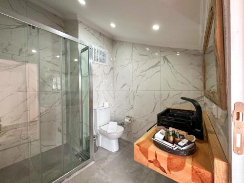 a bathroom with a shower and a toilet at Cabana Boutique Hotel & Cafe in Milas