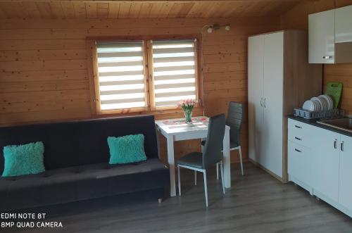 a kitchen with a table and a couch in a room at Domki Family Rowy in Rowy