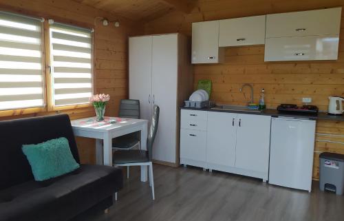 a kitchen with a table and a couch in a room at Domki Family Rowy in Rowy