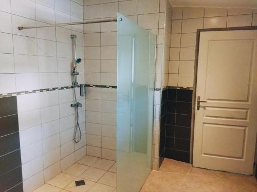 een douche met een glazen deur in de badkamer bij Aur Blan - Chambres Le Somail in Le Somail