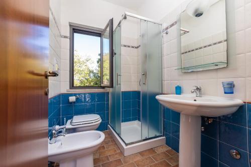 a bathroom with a sink and a toilet and a shower at Agriturismo La Meria in Semproniano