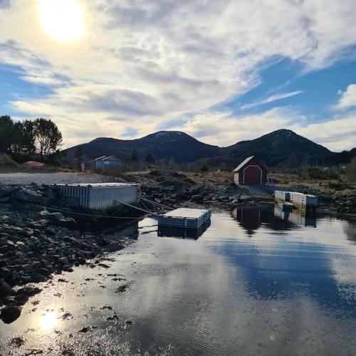 a body of water with a red barn and mountains at Koselig hus med hage i Herøy på Sunnmøre. in Røyra