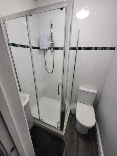 a bathroom with a shower and a toilet at City Centre Studios 1 in Leicester