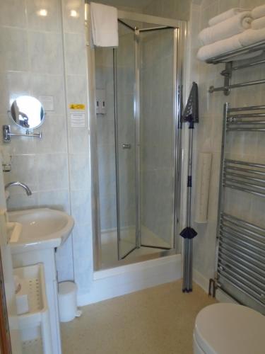 a bathroom with a shower and a toilet and a sink at The Florian in Weymouth