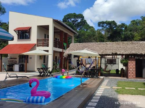 聖塔倫的住宿－Casa em Alter do Chão - Nosso Canto，一座房子里一座游泳池,里面有一个粉红色的天鹅