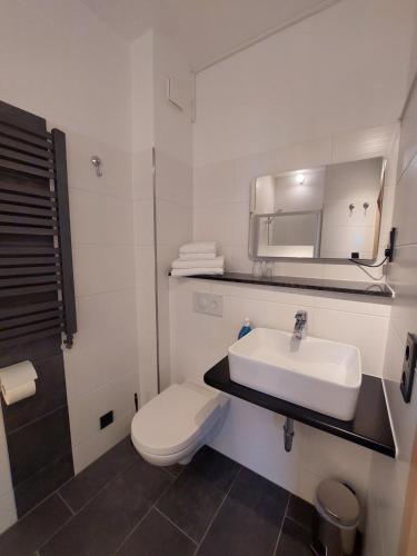 a white bathroom with a sink and a toilet at Pension Am Park in Bad Muskau