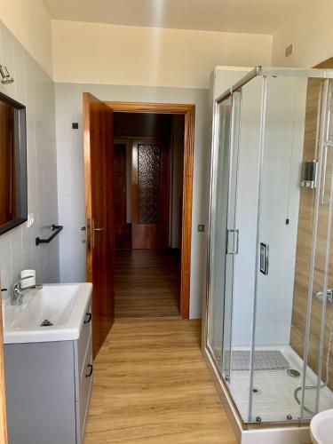 a bathroom with a shower and a sink at La Collina di Emma in Massignano