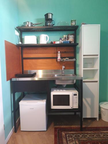 a kitchen with a sink and a microwave at Die kleine Wohnung in Droyßig
