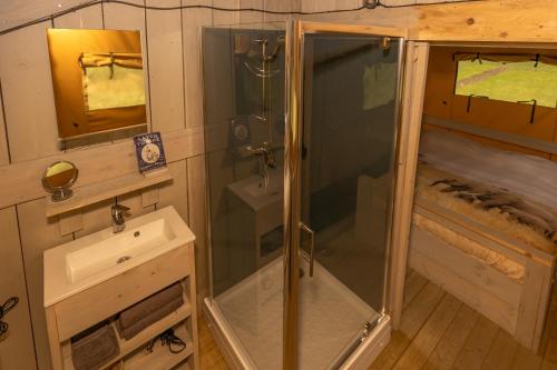 a glass shower in a bathroom with a sink at FF uutbloazen in Heelweg