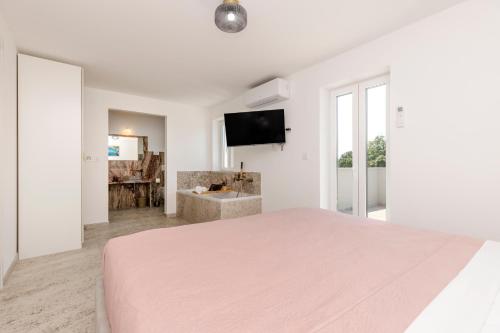a white bedroom with a bed and a tv at Analma in Belej