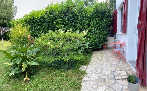 a garden with a large hedge next to a house at Sweet Home - 55m2 appartment, garden, swimming pool, parking in Toulouse