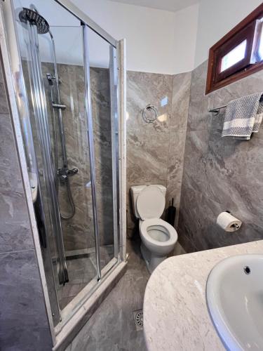 een badkamer met een douche, een toilet en een wastafel bij Aphrodite Hotel in Olympos