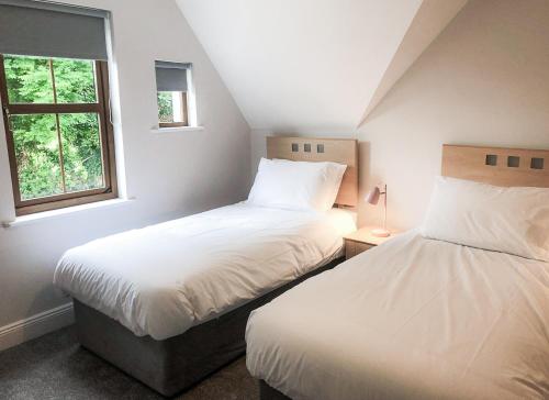 two beds in a room with two windows at Old Court Holiday Homes 3 Bed - Sleeps 6 in Terryglass