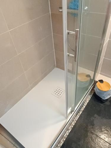 une douche avec une porte vitrée dans une salle de bain dans l'établissement Studio à la Gare&centre de Grenoble, à Grenoble