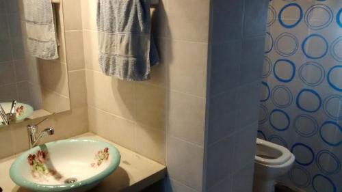 uma casa de banho com um lavatório e um WC em Casita roja llamada amor em Villa Yacanto
