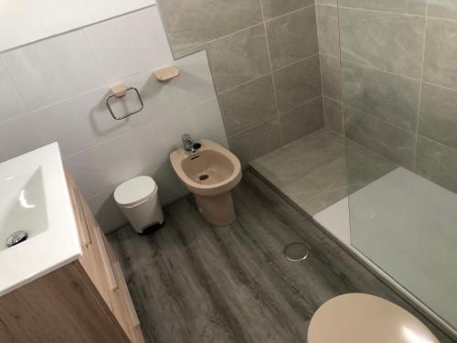 y baño con lavabo, aseo y ducha. en Apartamentos Atalayas Extremadura, en Zafra