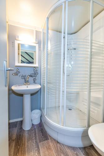 une salle de bain avec douche et lavabo dans l'établissement Domaine Saint-Jean, à Saint-Jean-du-Bruel