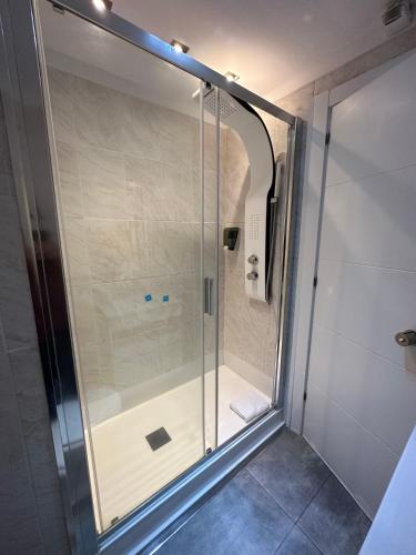 a shower with a glass door in a bathroom at Plaza Spain Barcelona Apartments in Barcelona